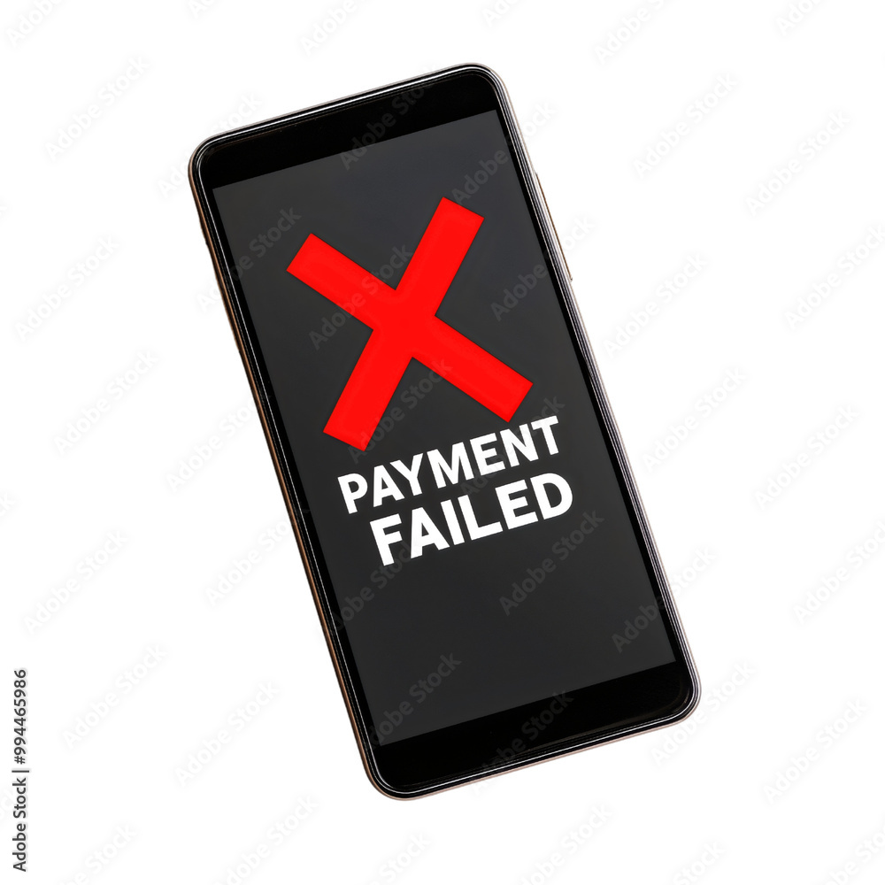 Obraz premium Payment failed notification on mobile screen, smartphone displaying transaction error, isolated device showing cancelled purchase, online banking app with declined card message, buy