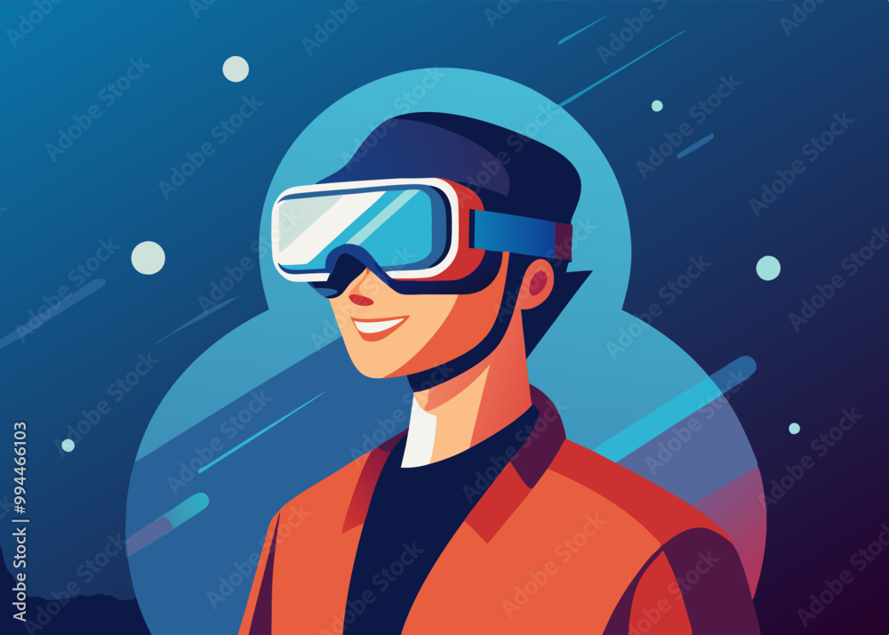 Smiling person in VR glasses explore technology Smiling person in VR glasses explore technology