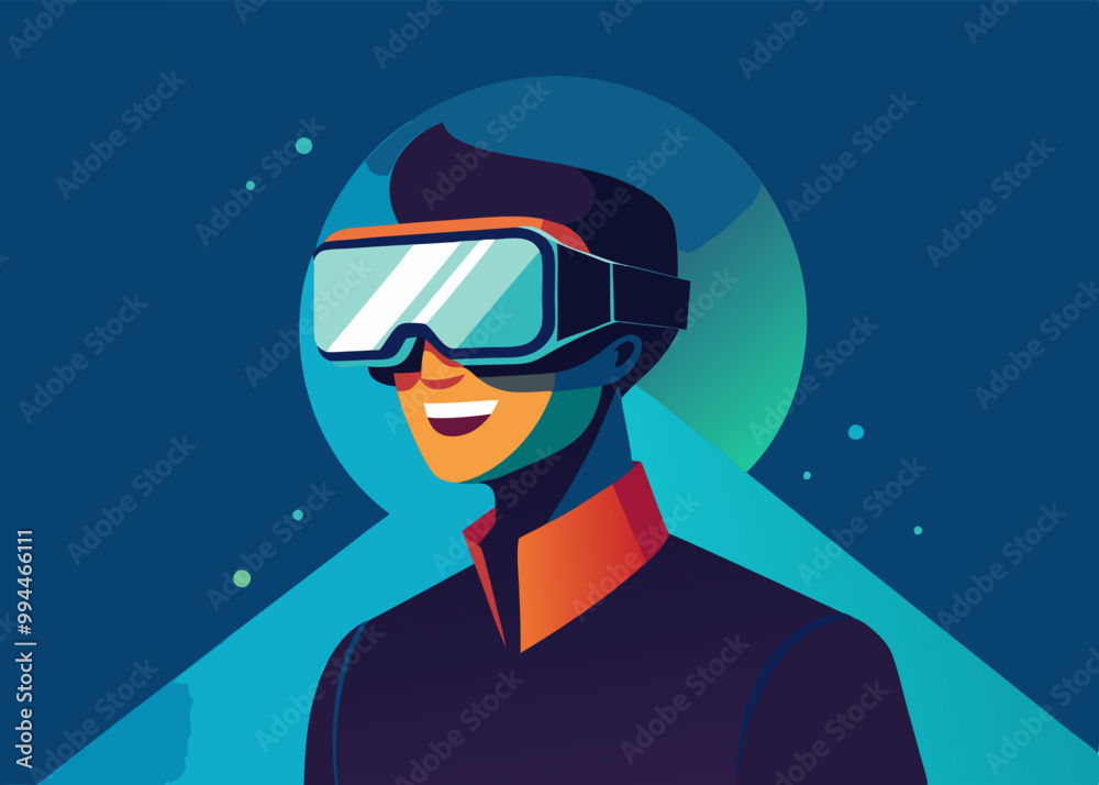 Smiling person in VR glasses explore technology Smiling person in VR glasses explore technology