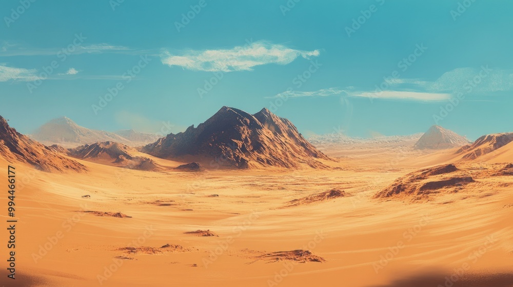 Naklejka premium A Vast Desert Landscape with Rugged Mountains Under a Blue Sky