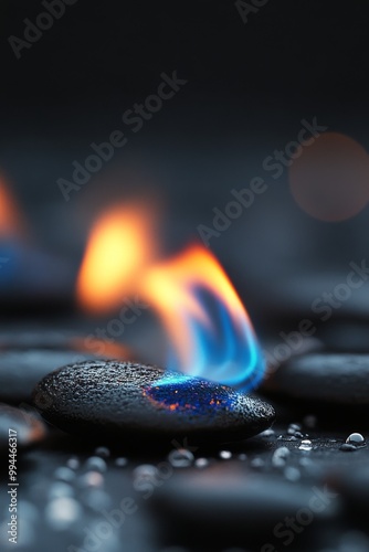 Flames rising from smooth stones on a dark surface in a tranquil setting