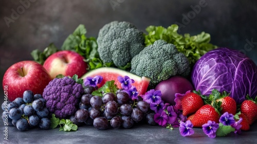 Colorful arrangement of fresh fruits and vegetables on a textured surface wit...