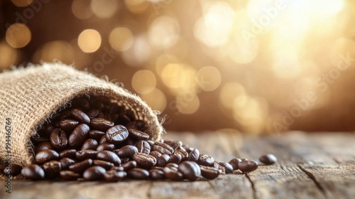 Freshly roasted coffee beans spill from a burlap sack on a wooden table outdo...