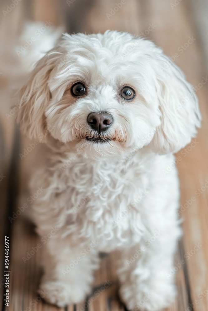 Fluffy white dog looking curiously at the camera in a cozy wooden home environment Fluffy white dog looking curiously at the camera in a cozy wooden home environment