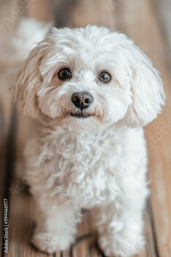 Fluffy white dog looking curiously at the camera in a cozy wooden home enviro...