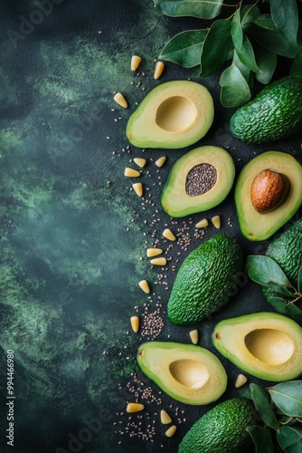 Freshly sliced avocados with seeds and leaves arranged on a textured blue bac...
