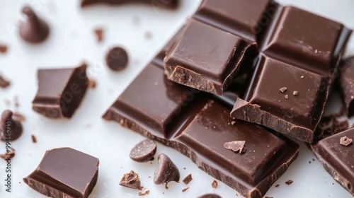 Delightful dark chocolate pieces scattered on a gray surface with chips and c...