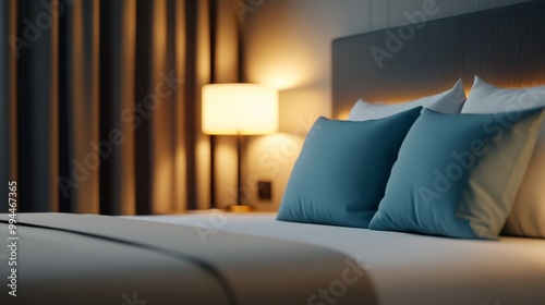Cozy hotel room with soft pillows and warm lighting in the evening ambiance