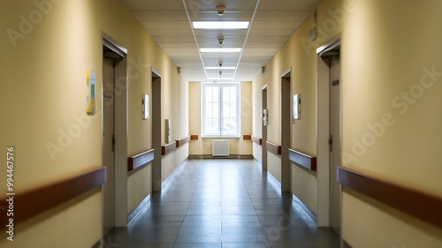 Spacious Hospital Corridor: A Bright and Clean Hallway Featuring Warm Tones and Soft Lighting, Designed for Comfort and Efficiency in a Modern Healthcare Facility