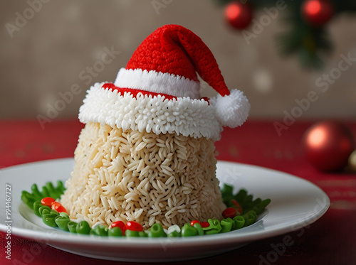 christmas rice plate with santa claus hat, festive foods