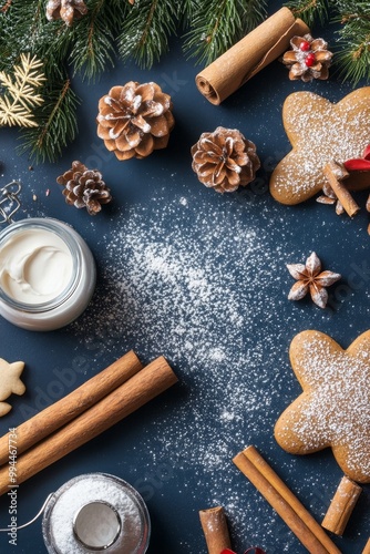 Festive cookie baking setup with spices, pine, and decorations during the hol...