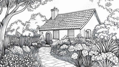 Home garden coloring page design, house and landscape sketch for book, outline drawing of outdoor scene, doodle style illustration with flowers and trees, black and white cottage artwork