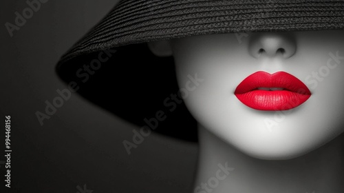 A striking portrait of a woman with red lips and a wide-brimmed black hat in ...