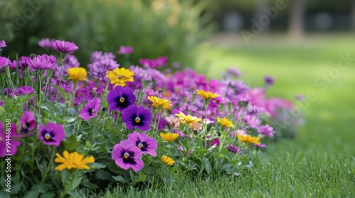 Colorful flower garden with blooming pansies and daisies in sunny spring weather
