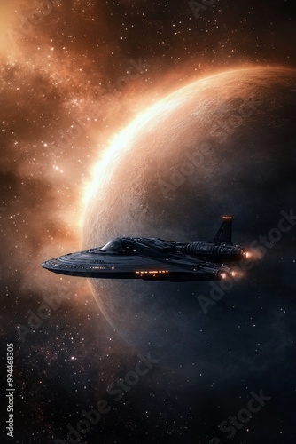 A spacecraft travels through space near a distant planet in a stunning cosmic...