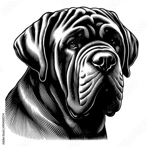 Hand drawn fierce Neapolitan Mastiff portrait, vector sketch isolated on white background.	