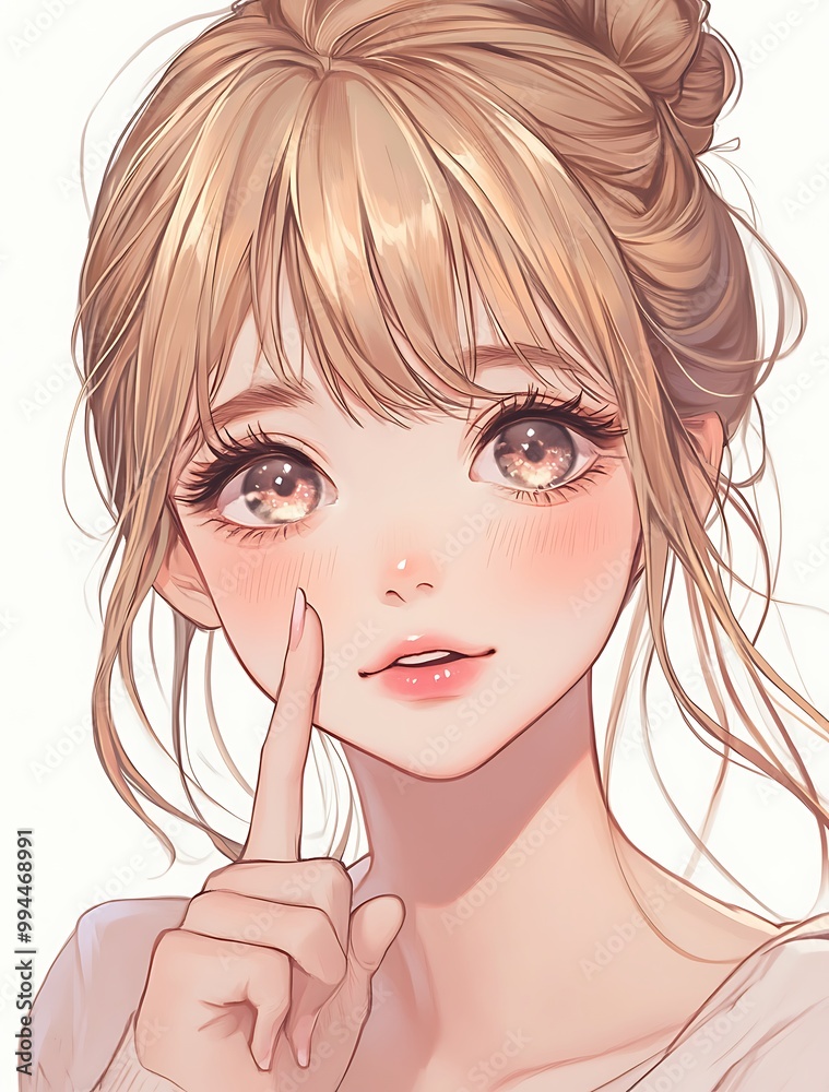 Anime girl portrait with blonde hair, big eyes, and finger on cheek Anime girl portrait with blonde hair, big eyes, and finger on cheek