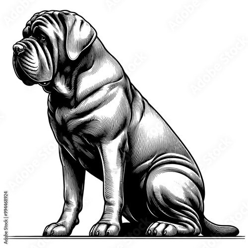 Neapolitan Mastiff in full-body, hand drawn sketch. Vector isolated on white background	 photo