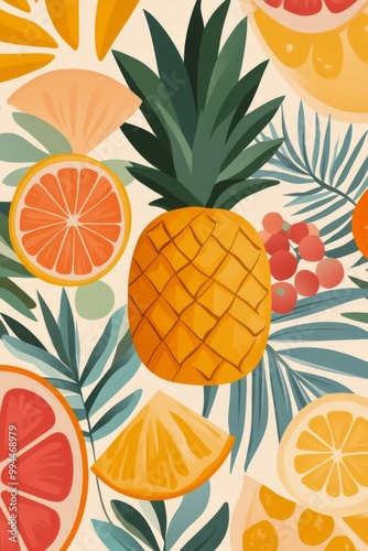 Fresh tropical fruits including pineapple, orange, and grapefruit arranged on...