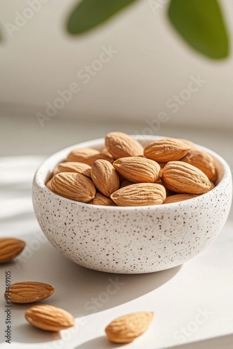 Freshly harvested almonds in a speckled bowl on a bright surface with natural...