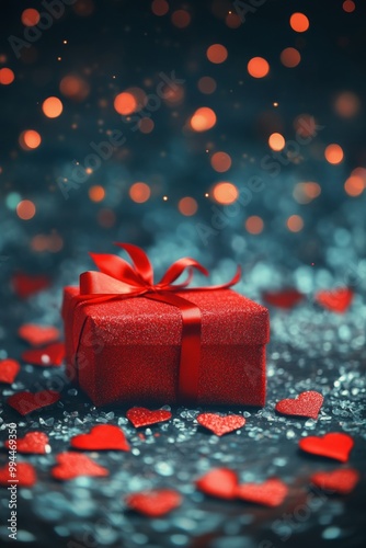 A red gift box sits amidst scattered heart shapes and soft glowing lights on a festive backdrop