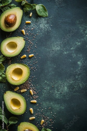 Freshly sliced avocados with seeds and leaves arranged on a textured blue bac...