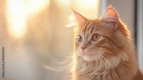 A curious orange cat gazes out the window during sunset, enjoying the warm ev...