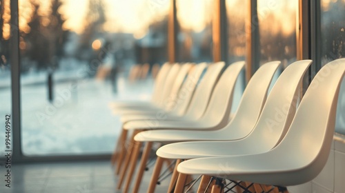 Elegant white chairs lined up against a sunset backdrop in a modern interior ...