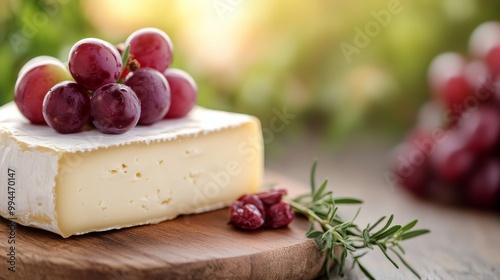 A delicious cheese block topped with grapes and herbs on a wooden board under...