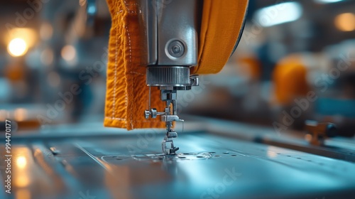 Sewing machine stitching fabric in a factory, showcasing detailed textile work, industrial garment production, and the intricate process of manufacturing clothes photo