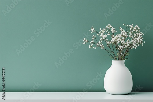 Mockup of empty green wall in the room. White flowers in a white vase. The plant stands on a white shelf stand. Close-up.
