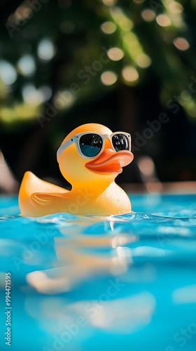 a quacking rubber ducky with sunglasses in a very blue and beautiful pool, summer vibes wallpaper photo