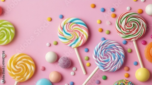 Colorful lollipops and candies arranged neatly on a pink background for a fes...