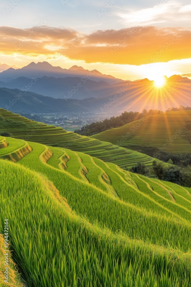 Sunset over lush terraced rice fields in mountainous landscape with vibrant sky Sunset over lush terraced rice fields in mountainous landscape with vibrant sky