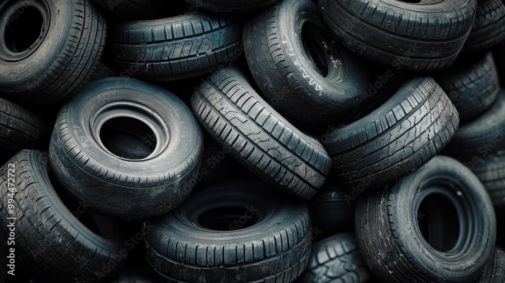 A pile of used car tires stacked together, creating a textured pattern with a monochromatic color scheme of black and dark grey A pile of used car tires stacked together, creating a textured pattern with a monochromatic color scheme of black and dark grey