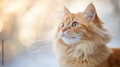 A curious orange cat gazes out the window during sunset, enjoying the warm ev...