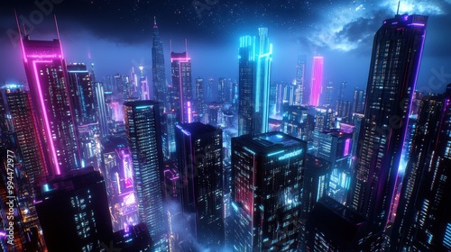 Futuristic City Skyline at Night with Neon Lights