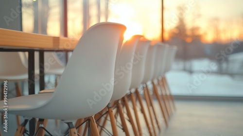 Elegant white chairs lined up against a sunset backdrop in a modern interior ...