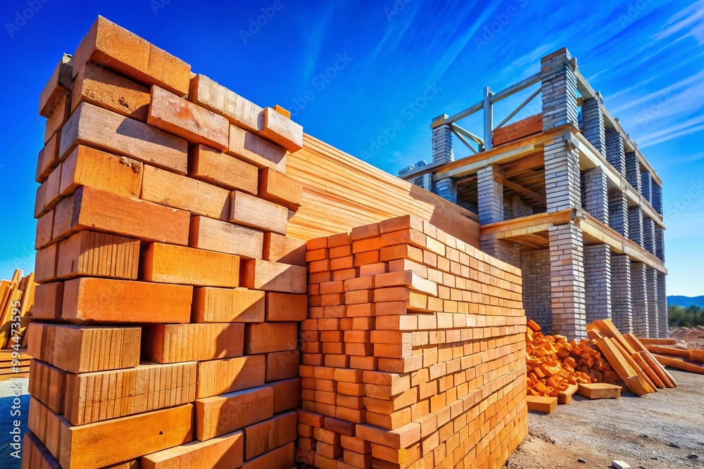 Stacked Brick Pile Against a Clear Blue Sky in an Outdoor Construction Site Environment Stacked Brick Pile Against a Clear Blue Sky in an Outdoor Construction Site Environment