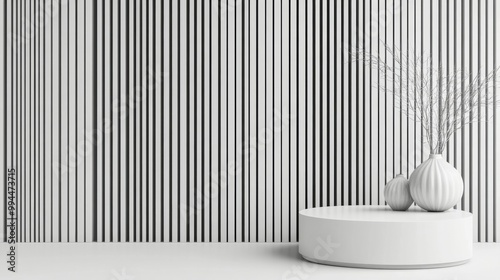 A black sphere balanced on a white pedestal in front of a striped black and w...