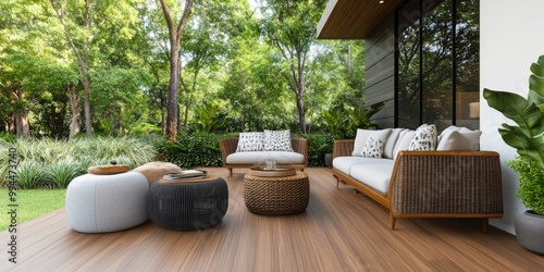 Stylish outdoor living area featuring comfortable seating and lush greenery i...