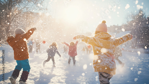 Children joyfully playing in the snow during a sunny winter afternoon, creating snowballs and laughter in a snowy wonderland