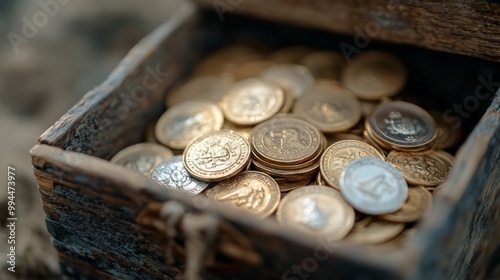 A wooden treasure chest overflowing with shiny gold coins under soft ambient ...