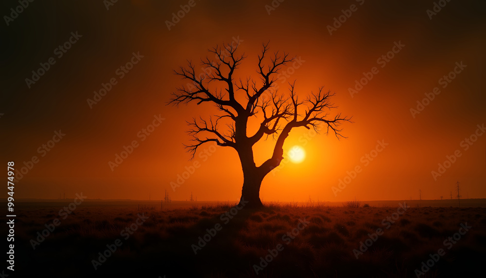 Silhouette of a gnarled tree against a dark orange sunset on a desolate plain
Silhouette of a gnarled tree against a dark orange sunset on a desolate plain