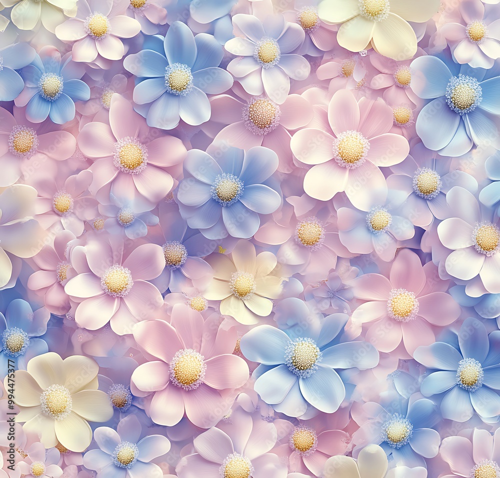 Seamless pattern of pastel flowers background. Soft color daisy flowers with blue, yellow and pink for feminine design. Seamless pattern of pastel flowers background. Soft color daisy flowers with blue, yellow and pink for feminine design.
