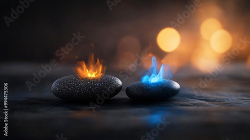 A captivating display of fire and ice on smooth stones against a blurred back...