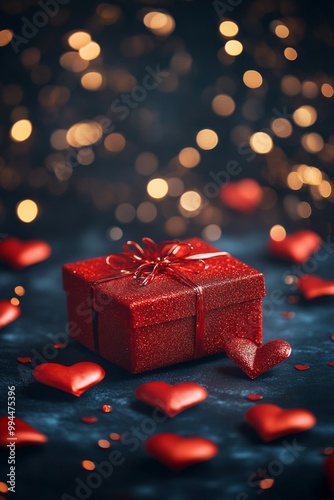 A red gift box sits amidst scattered heart shapes and soft glowing lights on ...