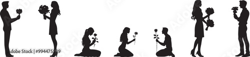 lady and man with flowers silhouette, man sitting on knees' with flower, girl proposing silhouette