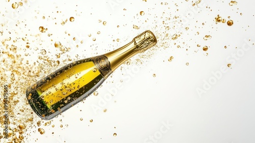 Champagne Bottle with Golden Bubbles Exploding on White Background photo