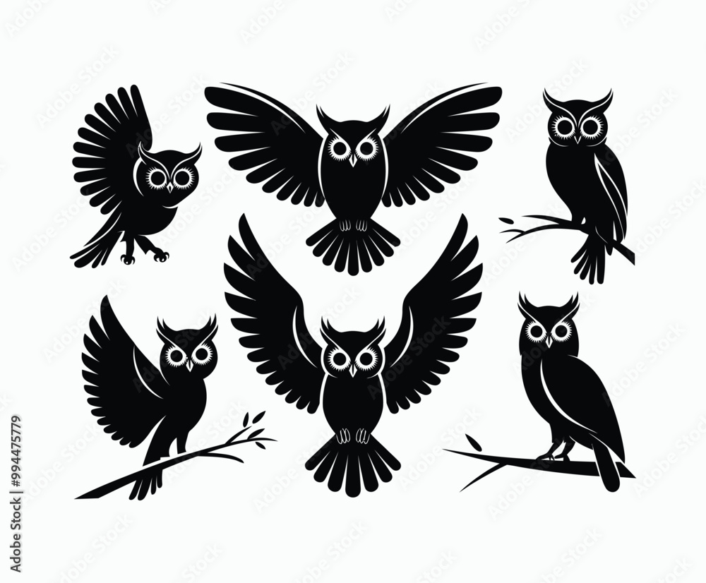 Obraz premium Owl bird silhouette editable EPS vector isolated illustration template on a white background